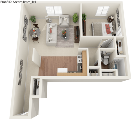 a stylized floor plan with a bedroom and a living room